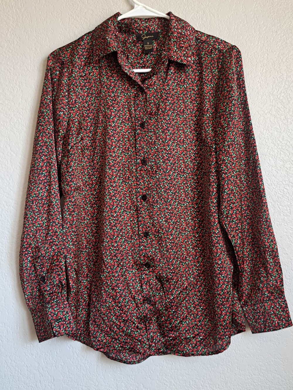 Japna Red Black Satin Micro Floral Print Button Up Longsleeve Blouse Size Small